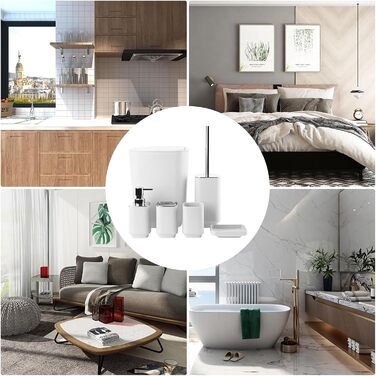 Сучасний 6-частинний набір для ванної кімнати білого кольору з дозатором для мила, тримачем для зубних щіток, мильницею, щіткою для унітазу, сміттєвим відром та склянкою з пластику та металу, білий