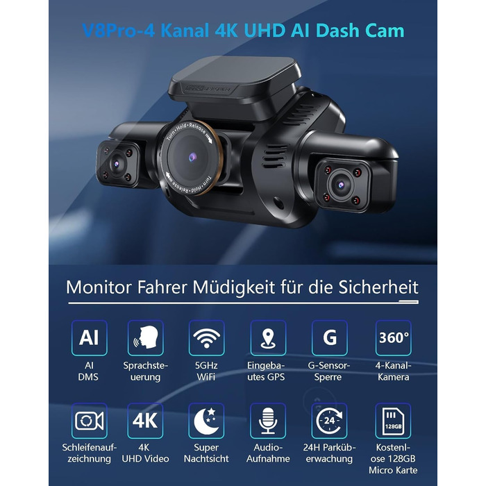 Відеореєстратор HUPEJOS KI Dashcam Auto 4-х канальний з монітором водія, 3K + 3 * 1080P, 360° камера, WiFi, GPS, CPL, 128GB, 24H парковка (V8Pro)