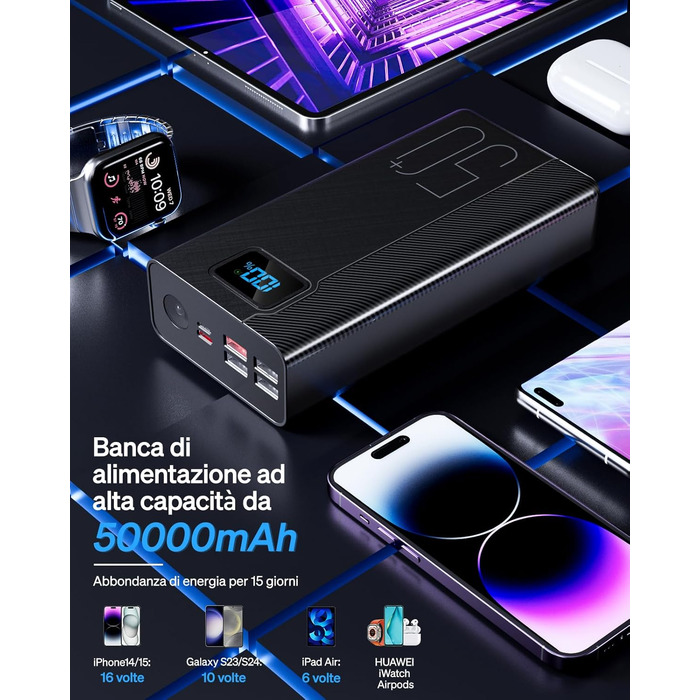 Power Bank 50000 mAh з вбудованим кабелем, швидка зарядка 22.5W, LED ліхтарик, 7 портів (3 входи) - портативний акумулятор