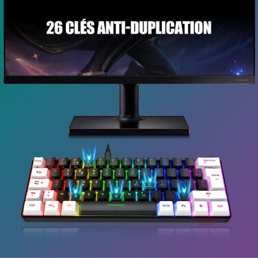 RedThunder K62 Бездротова ігрова клавіатура та миша, RGB, AZERTY, 62 клавіші, міні, для PC/PS5 (Чорний/Білий)