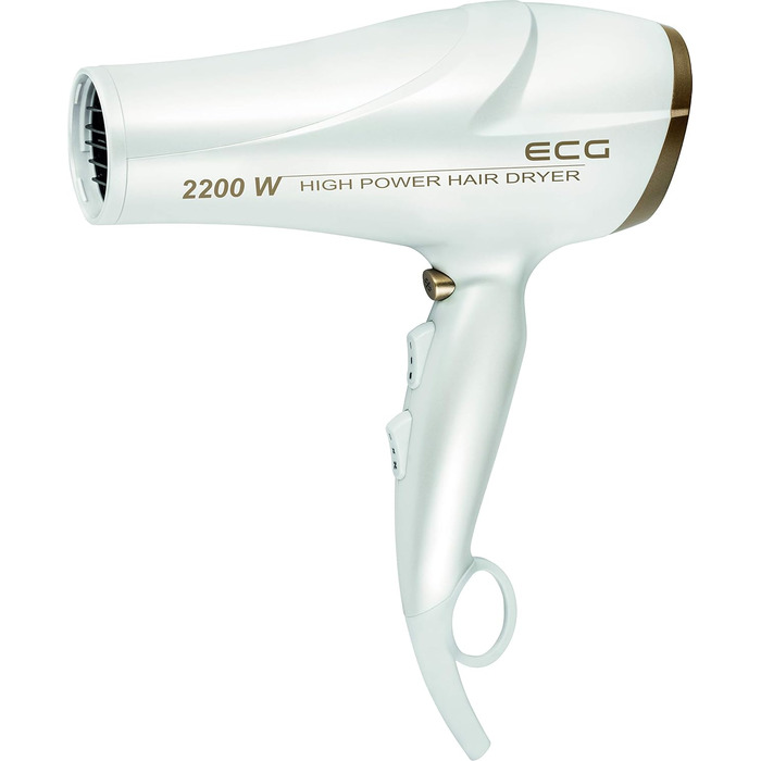 Фен ECG Vv 2200: 2 режими потужності, 3 температурні режими, іонізація, LED-дисплей, захист від перегріву, білий та золотий