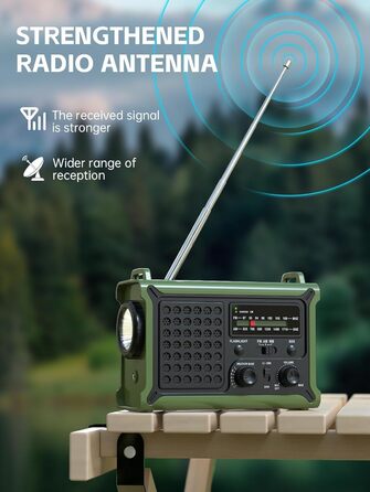 Радіоприймач Minorz 12000mAh з ручним генератором, сонячною панеллю, AM/FM, SOS, ліхтариком, IPX6, для кемпінгу та надзвичайних ситуацій, зелений
