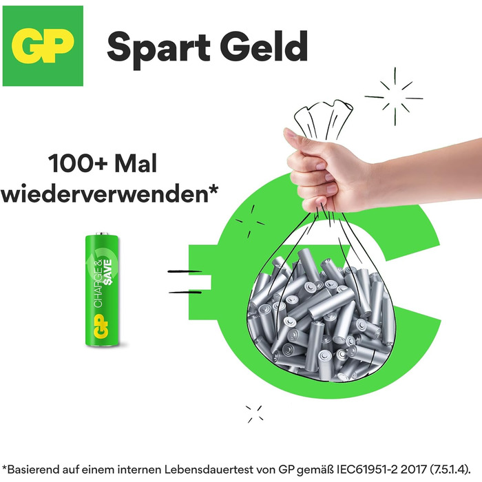Зарядний пристрій для акумуляторів GP Charge&Save AA AAA з USB-C, 4 слоти, швидка зарядка, LED-індикатор, компактний дизайн