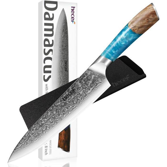 Японський ніж Hecef Damast 20 см з ручкою з харчової смоли: професійний кухонний ніж з дамаської сталі 67 шарів, з захистом для леза, подарунок для шеф-кухаря