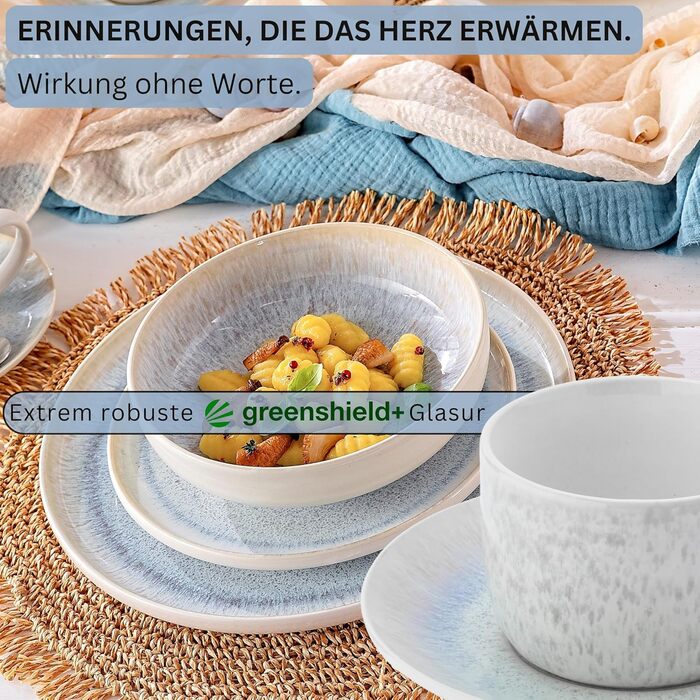 Набір кавових чашок SÄNGER Santorini з блюдцем, 8 шт. (4 персони), 150 мл, кремовий з блакитним градієнтом, кераміка, преміум-якість