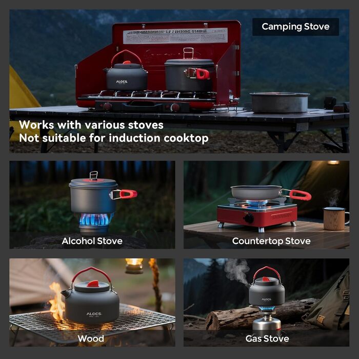 Набір кухонного посуду Alocs для кемпінгу: каструлі, сковорідки та чайник. Легкий набір для кемпінгу, пікніків та подорожей. У комплекті сітчаста сумка.