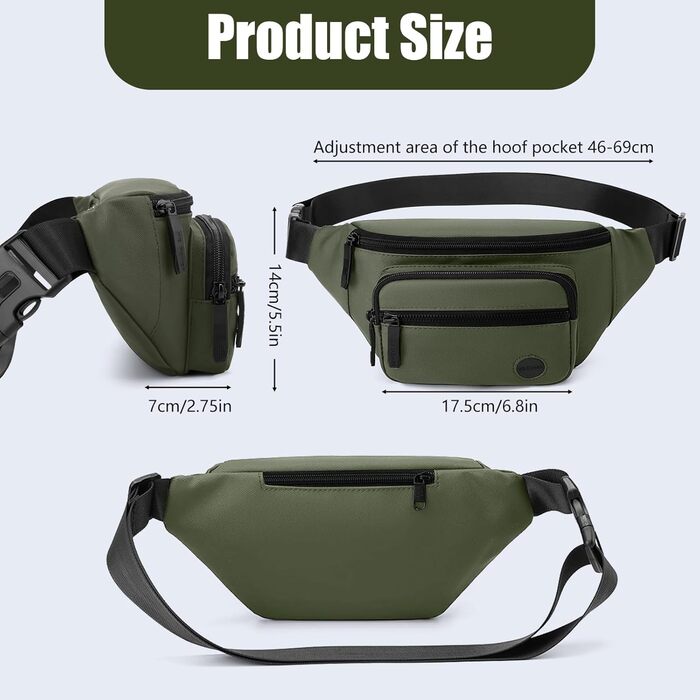 Чоловіча та жіноча бананка, водонепроникна, поясна сумка, стильна бананка з 4 відділеннями на блискавці, для подорожей, піших прогулянок, активного відпочинку (хакі)