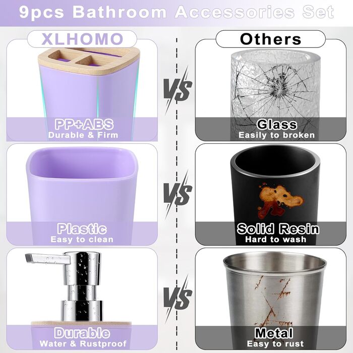 Набір аксесуарів для ванної кімнати, 9 предметів: сміттєвий бак, тримач для зубних щіток, стаканчик для зубних щіток, диспенсер для мила/лосьйону, тумбочка для раковини, мильниця, щітка для унітазу, тримач для ватних паличок (світло-фіолетовий, Bath Set)