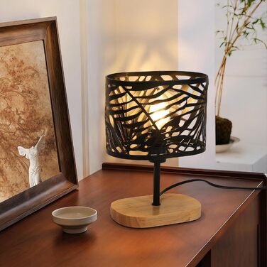 Настільна лампа дерев'яна вінтажна E14, чорна з дерев'яним цоколем та металевим абажуром, для дитячої кімнати, вітальні, спальні, бару