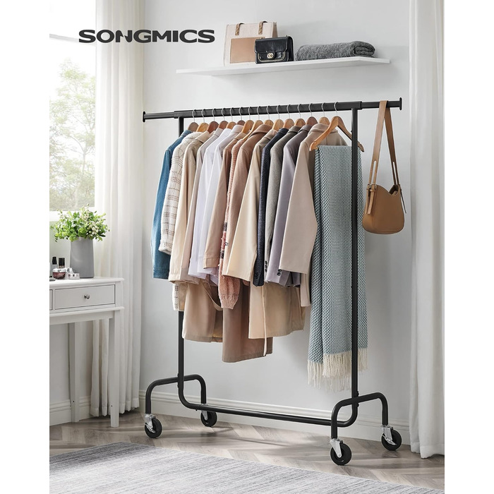 SONGMICS Clothes Rack with Wheels, Clothes Rail, Heavy-Duty, Extendable Clothes Rod, Load Capacity up to 110 kg, 45 x (160-200) x 162.9 cm, Metal, Chrome, HSR176E01 ((110-150)B cm, Matte Black)