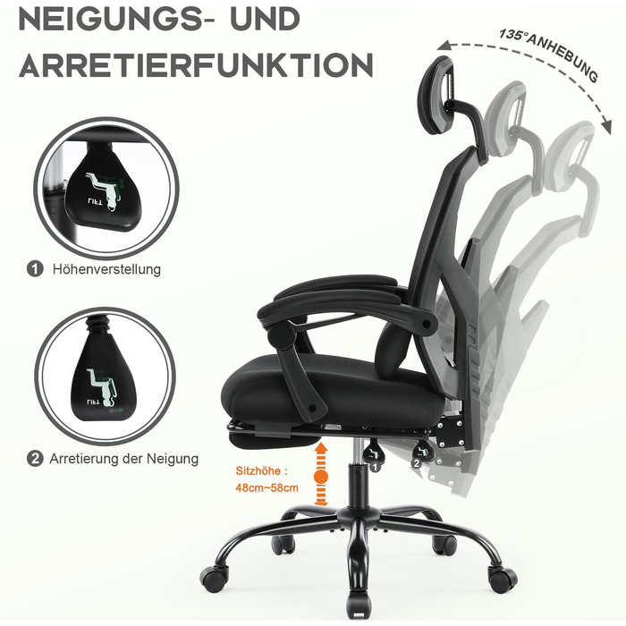 Офісне крісло DUMOS Ergonomisch C-3509 чорного кольору - ергономічне крісло з комфортними підлокітниками, підтримкою попереку та підставкою для ніг, для дому та офісу (26 x 39 x 50.75 inches)