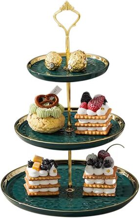 Підставка для капкейків та десертів з кераміки, 3-ярусна, зелена | Підставка для фруктів та тістечок
