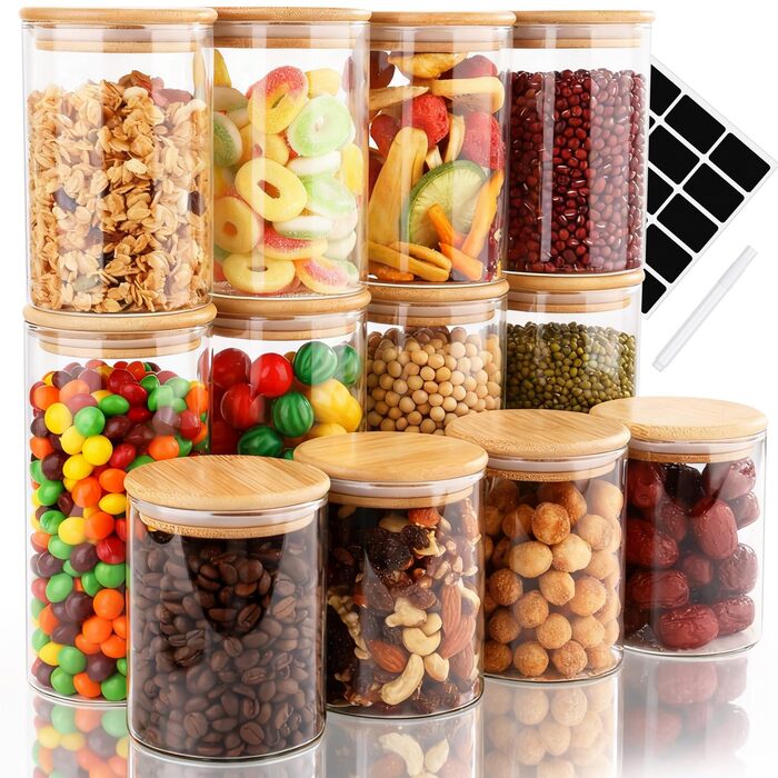 Набір скляних банок для зберігання з кришками (12 шт.) - 4x400мл, 7x500мл, 7x700мл. Скляні контейнери для кухні з дерев'яними кришками.