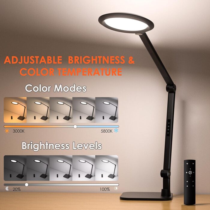 LED лампа настільна з денним світлом для відеоконференцій, офісна лампа з підставкою, регульована з 4 кольоровими режимами, 18W світло для відео, захищає очі, для дому та офісу, матовий білий (тінтовий чорний)