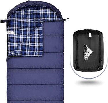 Adult Cotton Flannel Sleeping Bag - Camping, Hiking, Travel - Lightweight 3-4 Season Sleeping Bag (Blue/Blue)