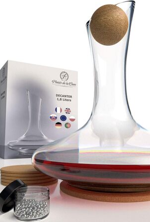 Decanter & Accessories (Cleaning Pearls, Cork Stopper, Trivets & Coasters) - 100% Handmade in Europe Lead-Free Crystal Glass Wine Decanter for Red Wine - Unique Gift Idea