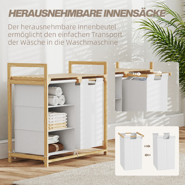 HOMCOM Laundry Basket with 4 Compartments, Laundry Sorter with 2 Removable and Washable Non-Woven Fabric Laundry Bags, Storage 83L Laundry Box with Handle, Laundry Sorter 70 x 36 x 70 cm Bamboo White | Aosom