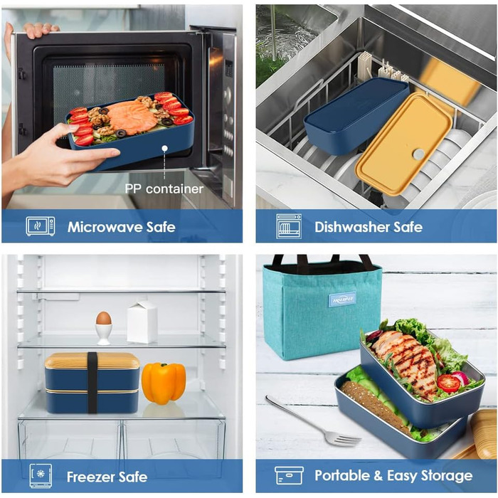 HOLIPOT Ланчбокс Bento Box з роздільниками, 2 рівні, з нержавіючої сталі та PP, з ложкою та виделкою, сумка, для дітей та дорослих, блакитний