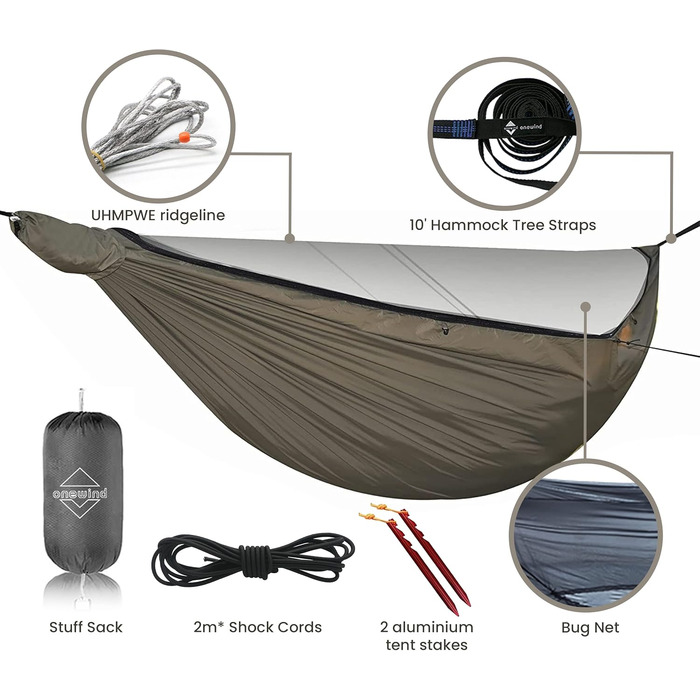 Onewind Premium 11' Camping Zippered Hammock, Single Portable Hammock with Mosquito Net and Tree Straps for Travel, Camping, Backpacking, and Hiking… (Green, 366cm*162cm)