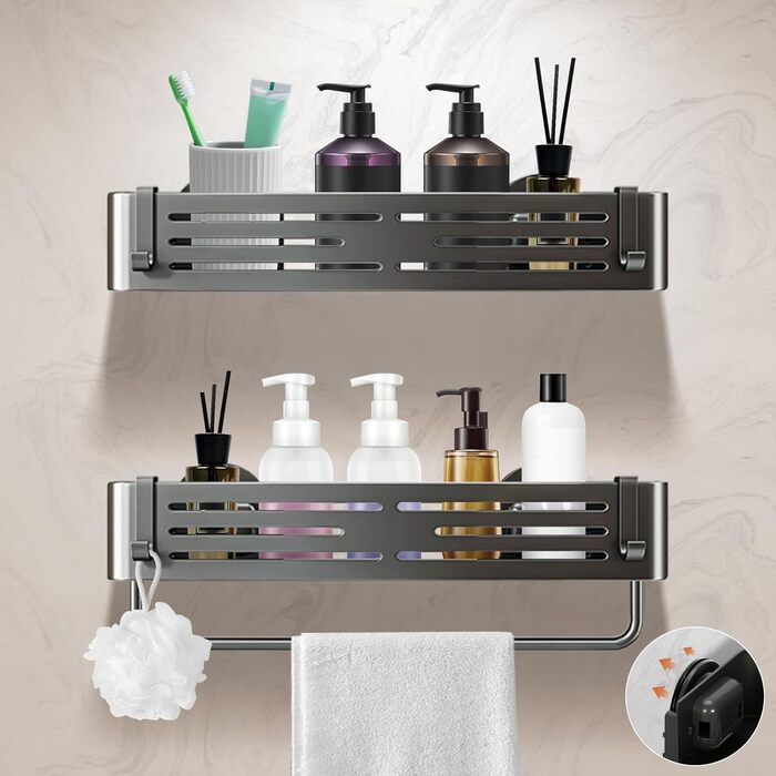 Поличка для душу Lekesky без свердління, кутова, з міцними присосками, алюміній, нержавіюча сталь, знімна, для ванної кімнати, кухні, орендованого житла (2 шт., сірий gunmetal з тримачем для рушників, прямокутна)