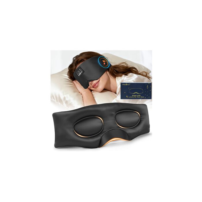 Маска для сну з Bluetooth навушниками Musicozy з 100% шовку Мульбері, 3D маска для сну для тих, хто спить на боці, повна затемненість, без тиску на очі та вуха, м'яка, дихаюча, 14 годин автономної роботи, чорна