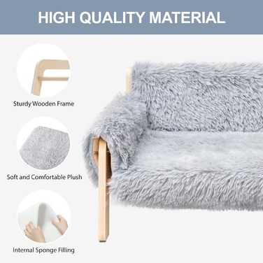 MEWOOFUN Elevated Cat Bed Sofa made of Wood, Sturdy Large Cat Sofa – Fashionable Cat Stool with Removable Mattress Cover, Holds up to 10 kg (56x45cm, Grey)