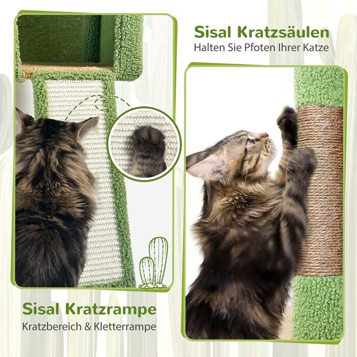 Драбина-кіготь Globlazer Kaktus (178 см) для котів: велика, з гамаком, будиночком, платформами, рампою з сизалю, стабільна для 2-4 котів (F70 Pro, зелена) XXL