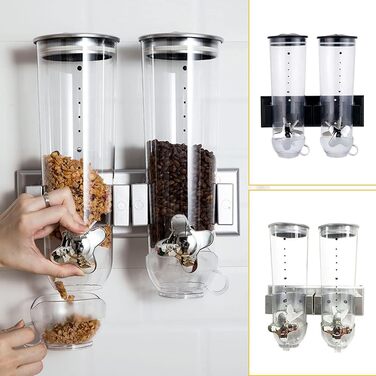 Futchoy CEREAL DISPENSER DOUBLE 3L WALL MOUNT CEREAL DISPENSER CORNFLAKE DISPENSER FOR CEREAL CORNFLAKES SWEETS 29 X 15 X 30 CM (SILVER)