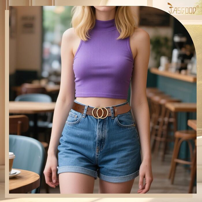 Жіночий шкіряний ремінь JasGood з подвійною кільцевою пряжкою для джинсів, штанів, суконь (колір: 5-кава, розмір M: 120 см, обхват талії 86-95 см)