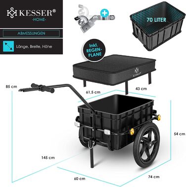 Причіп для велосипеда KESSER®: вантажний, ручний, з кутом нахилу, об'ємом 70 літрів (2 ящики для пива) + аксесуари, чорний