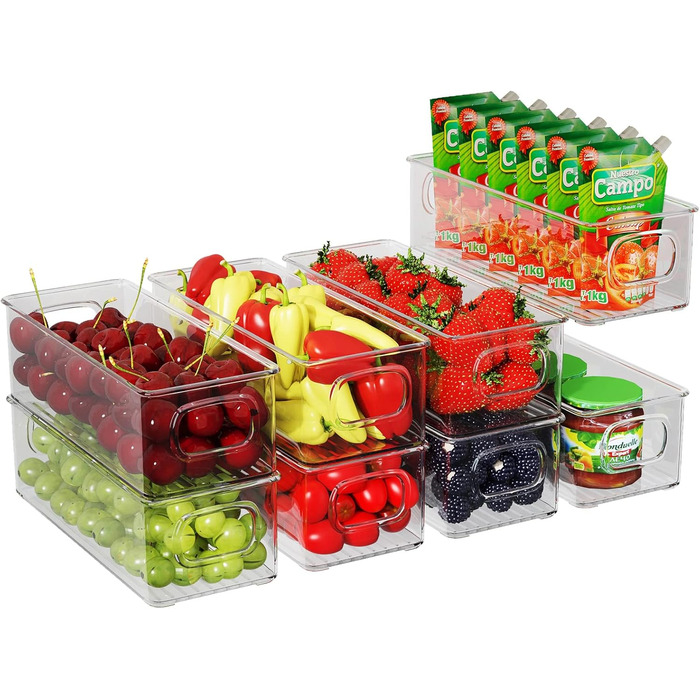 FINEW Refrigerator Organizer 8-Piece Set, Stackable Storage Boxes, Small Refrigerator Boxes with Handle, Transparent Containers for Kitchen, Cabinets, Freezer, Pantry - BPA Free