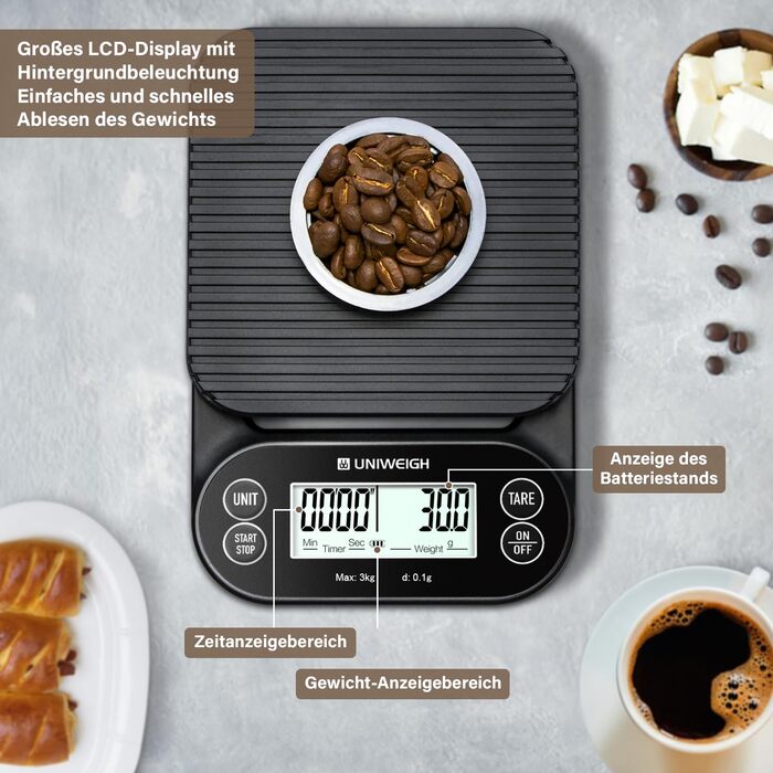 Ваги для кави UNIWEIGH з таймером 3кг/0,1г: високоточні ваги для еспресо з таймером, функцією Tara та LCD дисплеєм (батарейки в комплекті)