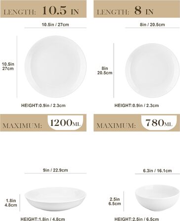 MALACASA, Amelia Series, Dinner Set for 12 People, 48-Piece Porcelain Tableware Set, White Combination Service, with 12 Dinner Plates, 12 Cake Plates, 12 Soup Plates, and 12 Bowls, White 48-Piece