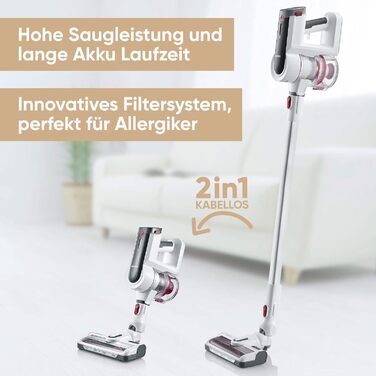 SEVERIN HV 7166: Бездротовий акумуляторний пилосос 2-в-1, 60 хв роботи, для тварин, легкий, без мішка, 400 Вт, білий