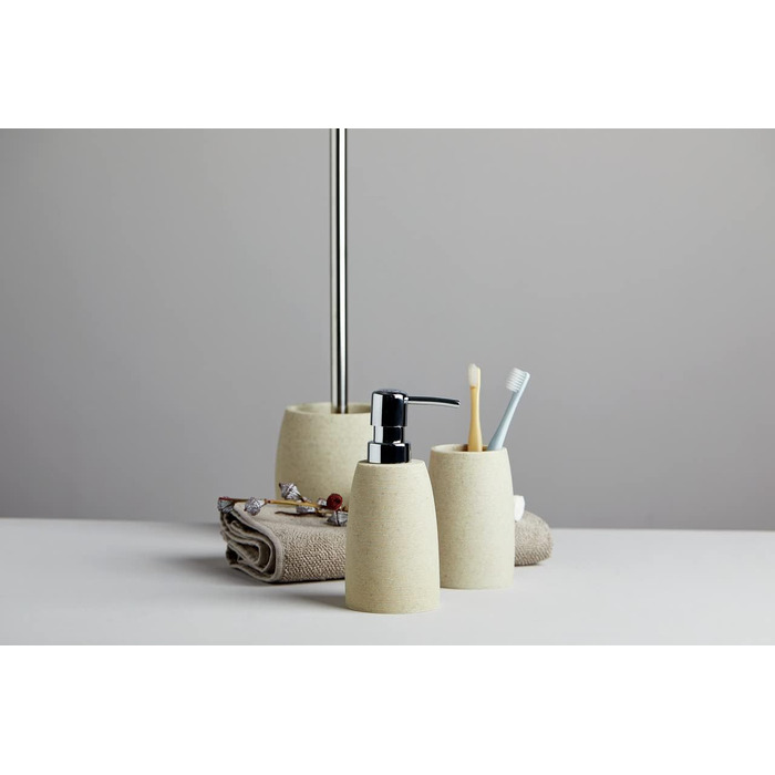 Набір для туалету WENKO Goa: тримач щітки з важкого полірезину (імітація каменю) та щітка з змінним насадком, бежевий, 11,8 x 38,5 см