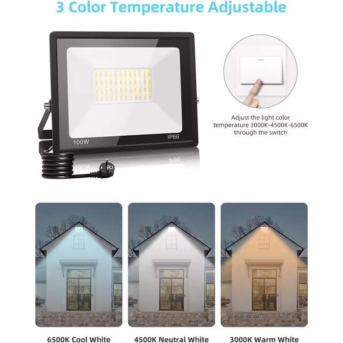 LED Flood Light Outdoor with Plug 100W, 3000K/4500K/6500K Dimmable LED Spotlight, 10000LM Super Bright LED Floodlight, IP66 Waterproof LED Spotlight Outdoor Floodlight for Yard Garden Sports Field