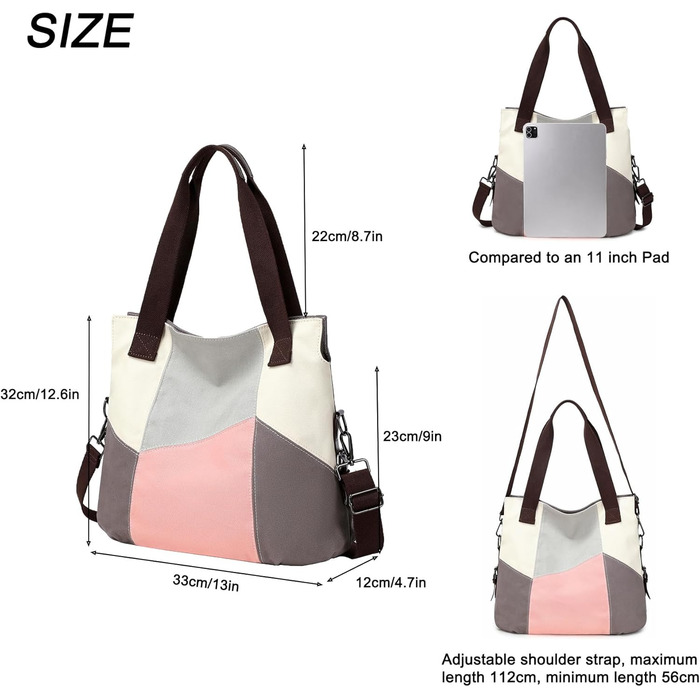 Сумка жіноча Canvas через плече Hobo великої місткості, рожева - для школи, шопінгу, повсякденного використання