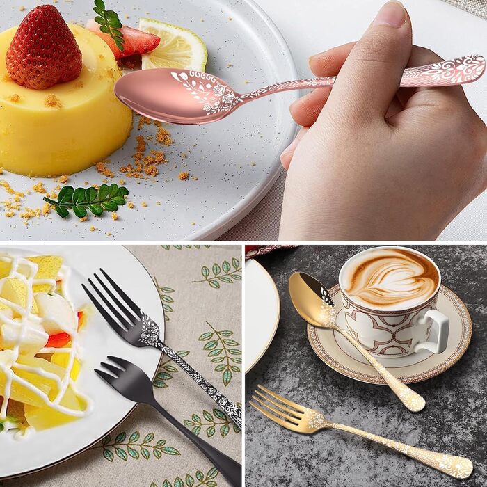 Gold Cutlery Set for 6 People, HONKKU 30-Piece Stainless Steel Cutlery Set, Dining Cutlery Set Mirror Polished with Floral Patterns, Fork Spoon Knife Set Dishwasher Safe