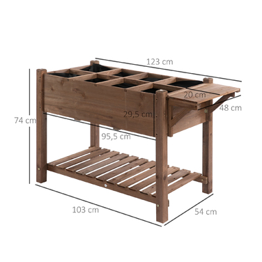 Підвищене грядка Outsunny 123x54x74 см з 8 решітками та складним столиком з масивної деревини у коричневому кольорі для саду та тераси