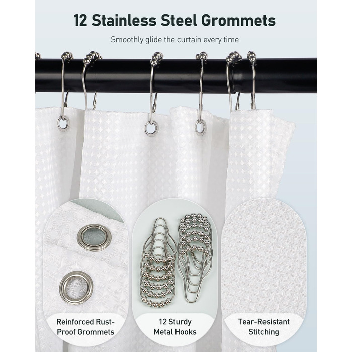 Шторка для душу Uniclife, біла, 180x180 см, вафельна текстура, водовідштовхувальна, 100% поліестер, з 12 нержавіючих люверсів, з 12 металевими гачками та обтяженим краєм