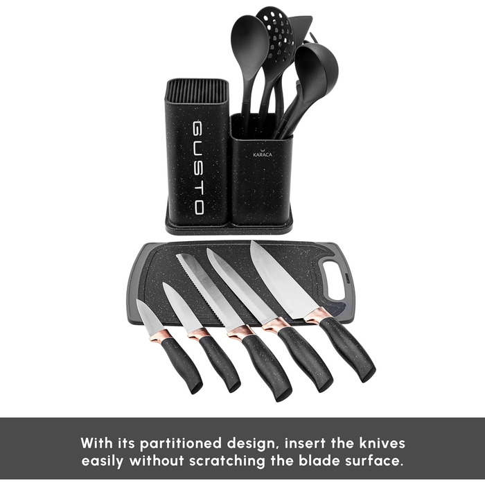 Набір ножів Karaca Gusto 12 предметів з дощечкою та кухонними аксесуарами. Ножі з нержавіючої сталі, ергономічні ручки. Чорний колір.