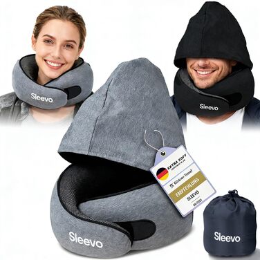 Подушка для шиї в літак з капюшоном та Memory Foam – Подушка-білка, подушка для сну та подорожей – Ергономічна подушка для подорожей, захист від світла & Пральна, з сумкою – Чорний (M) (Сірий M)