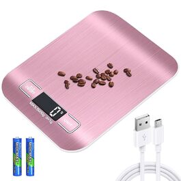 Кухонні ваги цифрові, 10 кг/1 г, USB, з підзарядкою, LCD дисплей, функція тарування, професійні кухонні ваги, рожеве золото