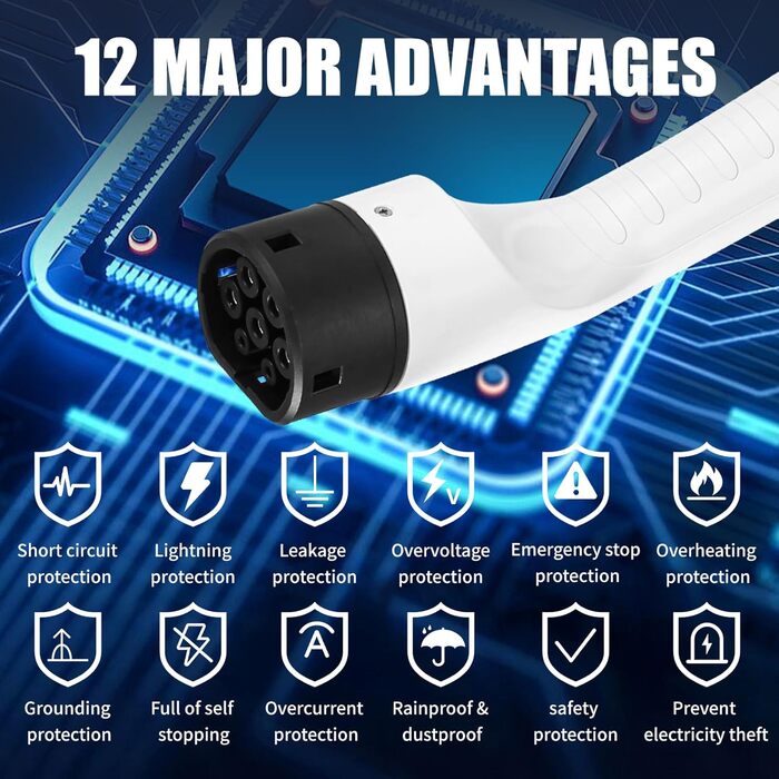 Кабель для зарядки електромобіля Schuko, 3.5kW, 6-16A з цифровим дисплеєм, для Tesla Model 3/Y, Peugeot 3008/508, Citroen C5X, DS7, GLA, Q3, X3 (22kW 32A)