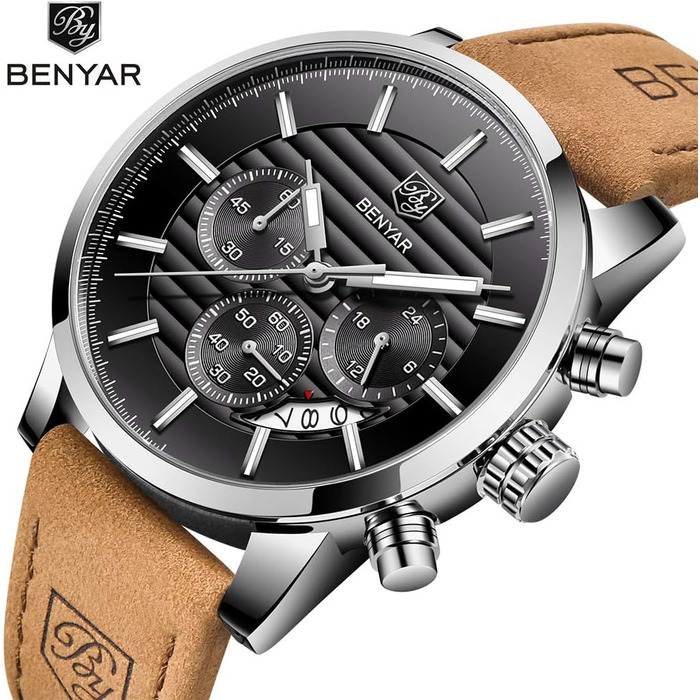 Годинник чоловічий Benyar: кварцовий хронограф, водонепроникний, з нержавіючої сталі, стильний аксесуар для бізнесу, спорту та відпочинку (колір: коричневий, срібний, чорний)