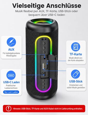 Портативна Bluetooth колонка UOHHBOE 30W, чорна: музика до 30 годин, RGB підсвічування, IPX5 водонепроникність