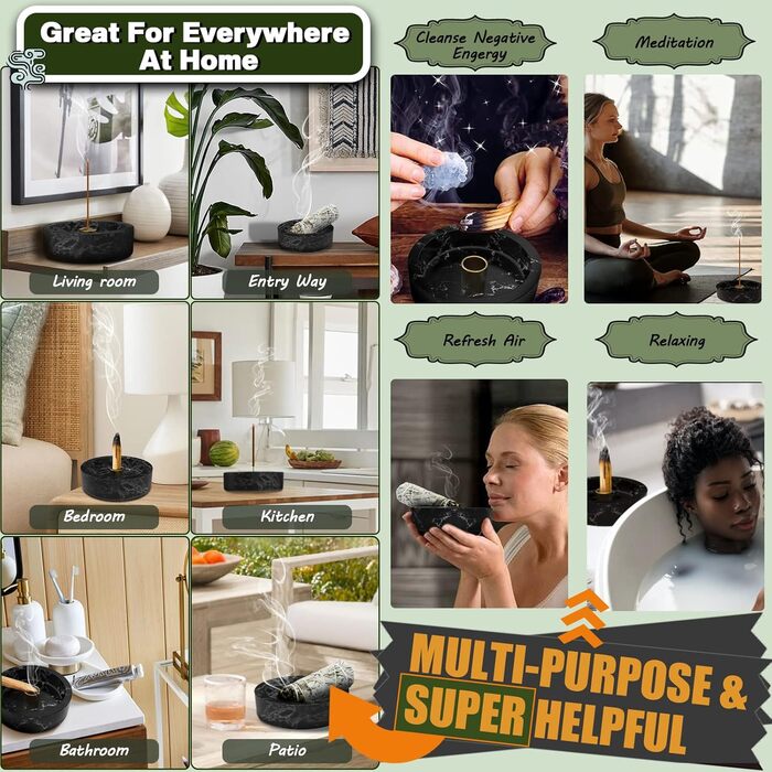 Incense Holder, Marble Incense Burner 2023 Upgraded Large incense holder for incense cones, Palo Santo cones, incense ash catcher with incense sticks as a gift (Black)