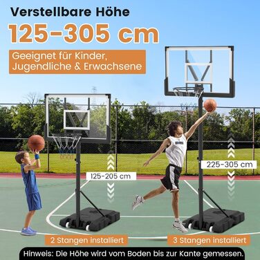 COSTWAY Adjustable Height Basketball Hoop System - Outdoor Mobile Basketball Stand with Wheels & Weight Bag (125-305cm)