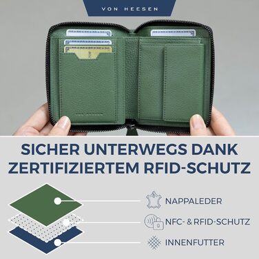 VON HEESEN гаманець з натуральної шкіри з RFID-захистом, зелений, для чоловіків і жінок, з монетницею