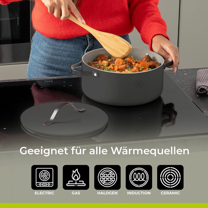 Каструля Be Living Essential з кришкою, 24 см, 7 літрів, антипригарне покриття Keramik, для індукційних плит, без PTFE та PFOA, сіра